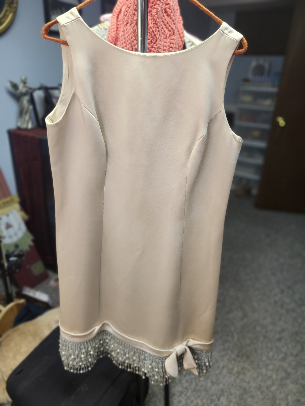 Vintage Dress Women’s High-Low Beaded Hem Dress in Blush